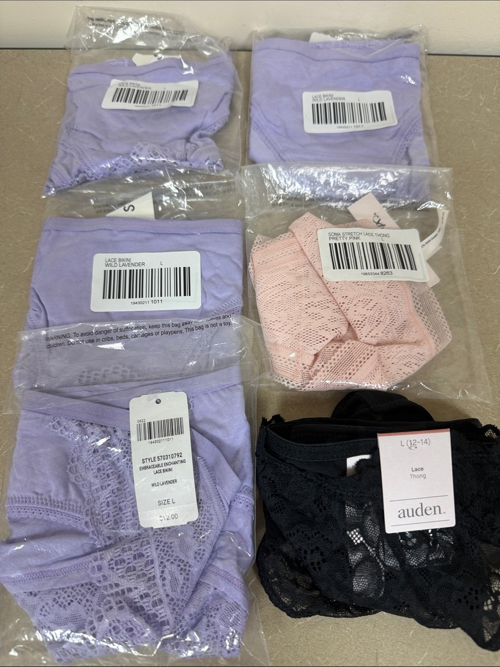 Soma and Auden Lace Panty Pack — 6 Pair Lavender, Blush Pink & Black. Large NEW